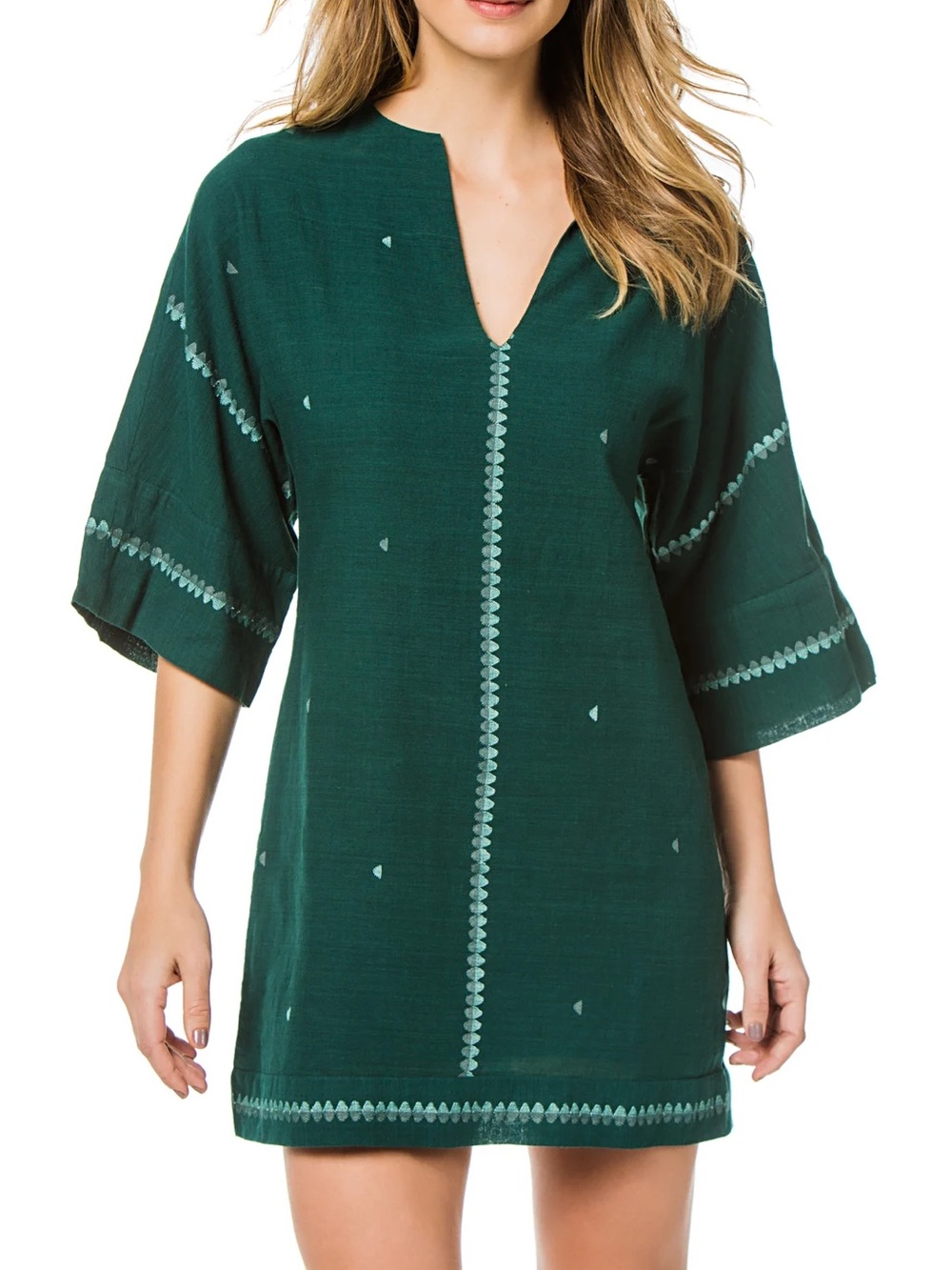 MIRTH Small Handmade Emerald Green Embroidered Cotton Kaftan Tunic Dress